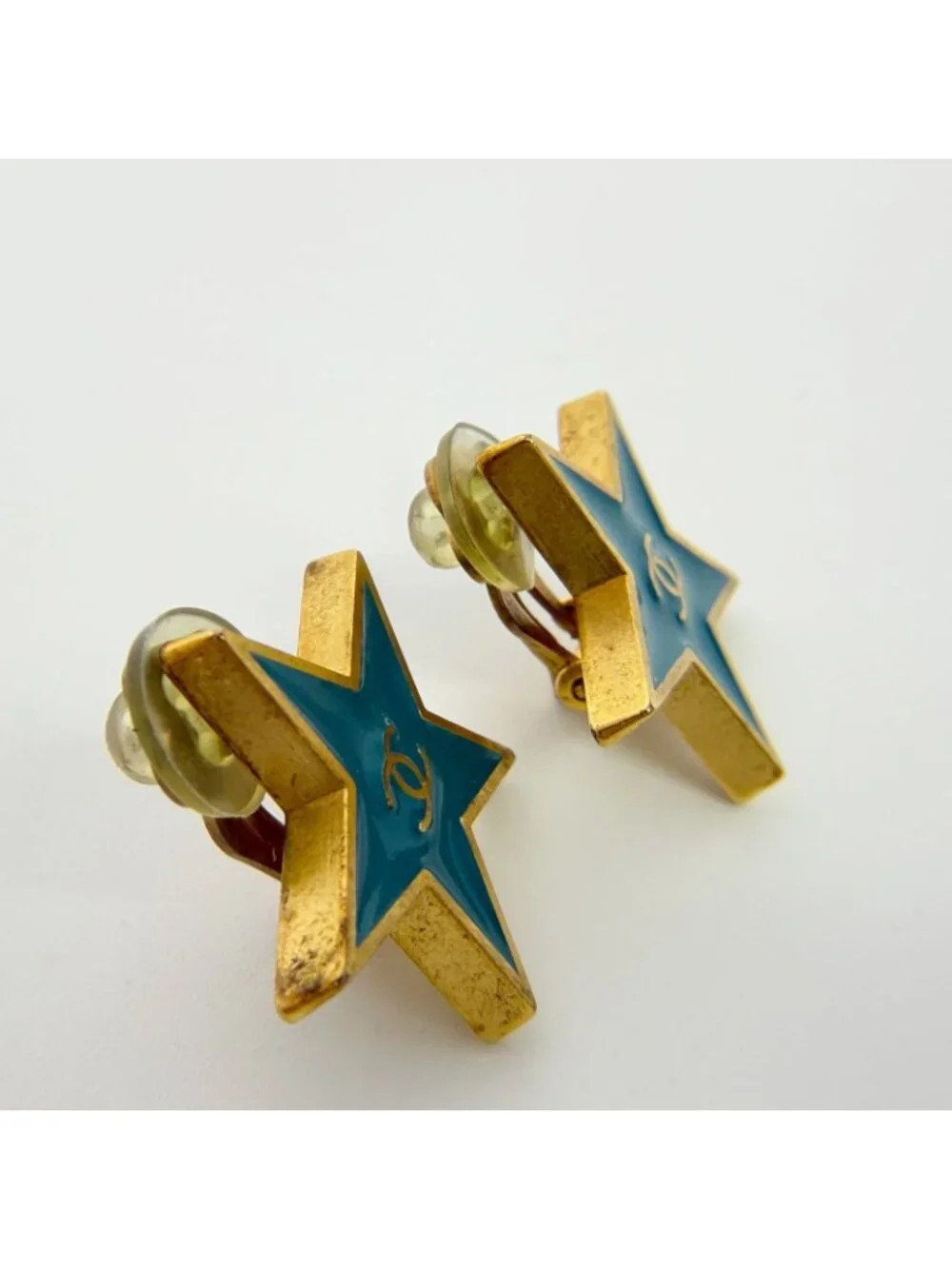 Chanel CC Logo Star Earrings Plated Turquoise Blue Gold Vintage